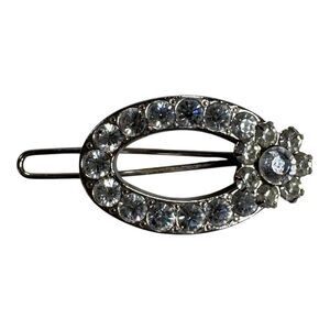 Vintage Joomi Signed Oval Hair Clip Rhinestones & Floral Accent Silver Tone 1.5"